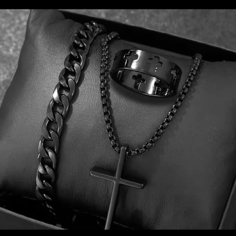 Elegant Men's Accessory Gothic Religious Cross Necklace set hematite finis- #162
